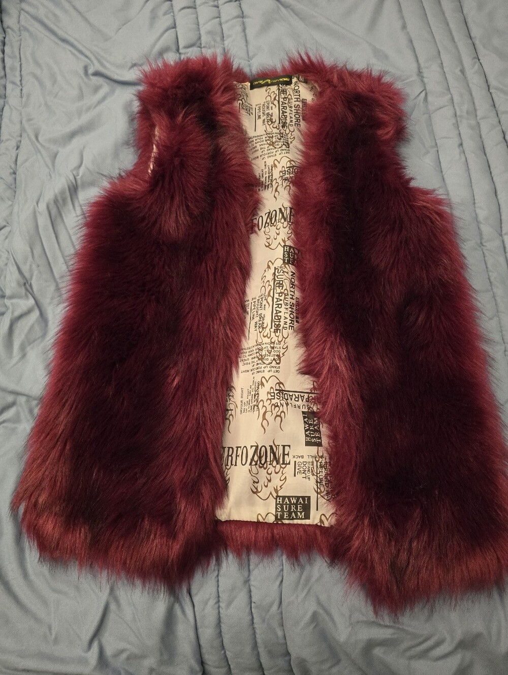 Burgundy Faux Fur Vest with Printed Lining